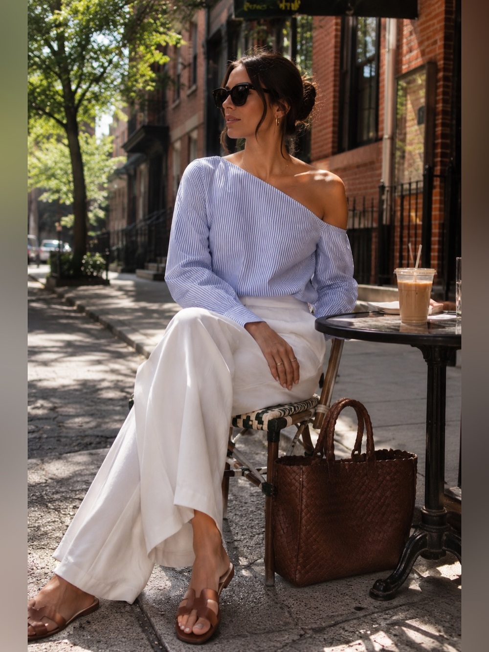 Theory Ulrika Dalton Stripe One-Shoulder Blouse | Blue & White Cotton | Size L